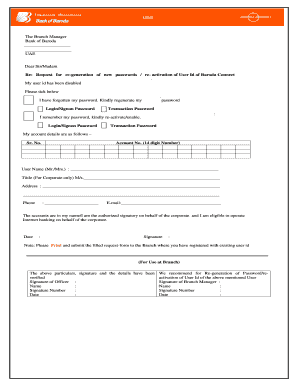 Bank of Baroda Password Reset Form