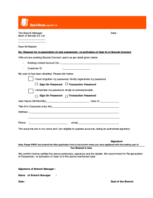 Baroda Connect Password Re-generation Request