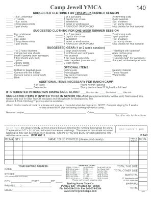 Camp Jewell YMCA Summer Session Packing List