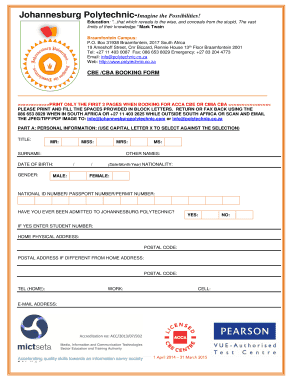 Johannesburg Polytechnic CBE/CBA Booking Form