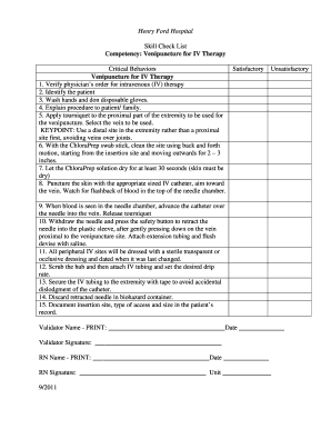 Venipuncture for IV Therapy Skill Check List