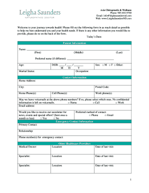 Patient Intake Form for Naturopathic Doctor