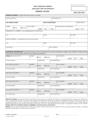 Hebrew College Student Insurance Enrollment Form