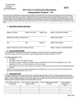 2013-2014 Verification Worksheet for Independent Students