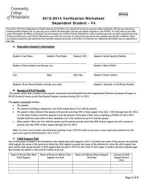 2013-2014 Verification Worksheet for Dependent Students