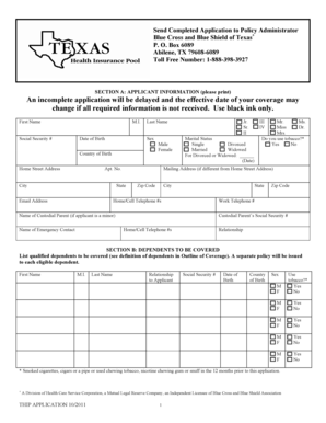 Texas Health Insurance Pool Application Form