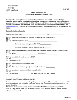 2013-2014 Parent Monthly Expense Form