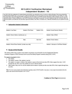 2013–2014 Verification Worksheet for Independent Students