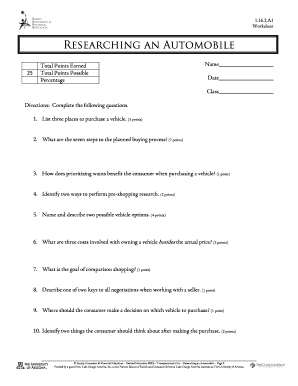 Researching an Automobile Worksheet