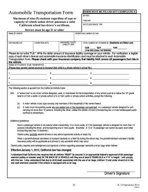 California School Automobile Transportation Form