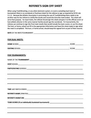 Referee's Sign Off Sheet
