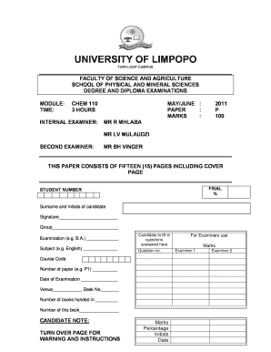 University of Limpopo Chemistry Exam Paper