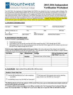2015-2016 FAFSA Verification Worksheet