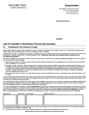 Letter of Transmittal for Kinross Gold Corporation Shareholders