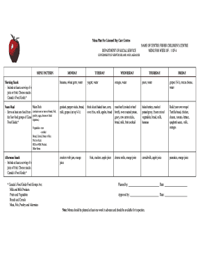 Menu Plan For Licensed Day Care Centres NAME OF CENTRE