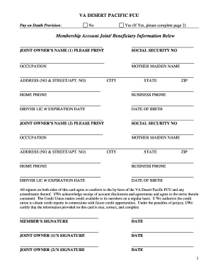 VA Desert Pacific FCU Joint Account and Beneficiary Form