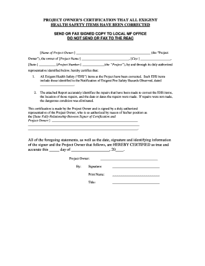Project Owner's Health Safety Certification