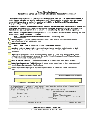 Texas Student/Staff Ethnicity and Race Data Questionnaire