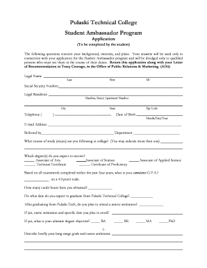 Evaluate questions - Pulaski Technical College Student Ambassador Program Application (To be completed by the student) The following questions concern your background, interests, and plans - pulaskitech