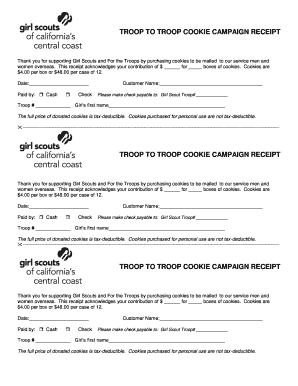 Girl Scouts Troop to Troop Cookie Campaign Receipt