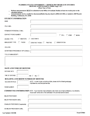 Florida State University Defense Announcement Form