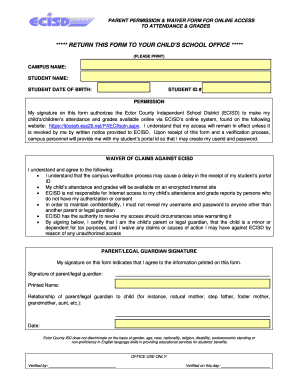 Parent Permission Waiver Form for Online Access to Attendance & Grades