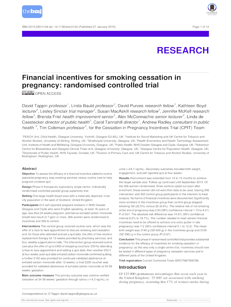 Fillable Online Financial incentives for smoking cessation in pregnancy