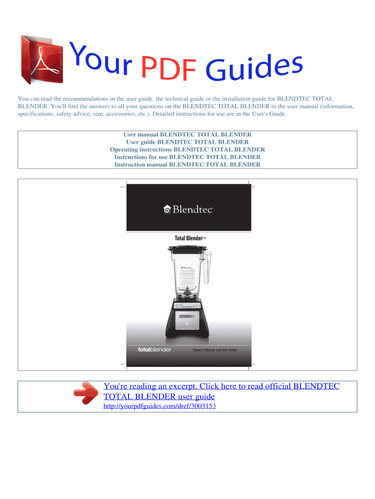 Fillable Online Operating instructions BLENDTEC TOTAL BLENDER User