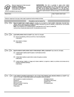 Wisconsin Other Health Impairment Eligibility Checklist