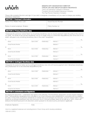 Beneficiary Designation Form for Group Life and Accident Insurance