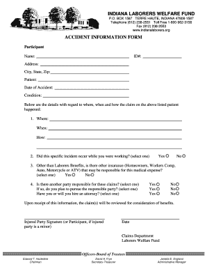 Indiana Laborers Welfare Fund Accident Information Form