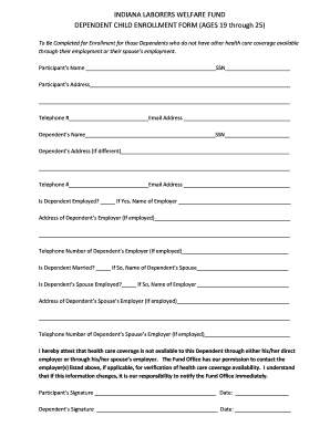 Indiana Laborers Welfare Fund Dependent Child Enrollment Form