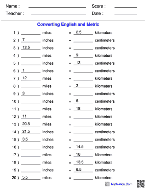 Math Worksheet - Converting English and Metric