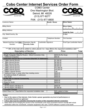 Cobo Center Internet Services Order Form