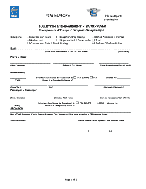 BULLETTIN D'ENGAGEMENT / ENTRY FORM