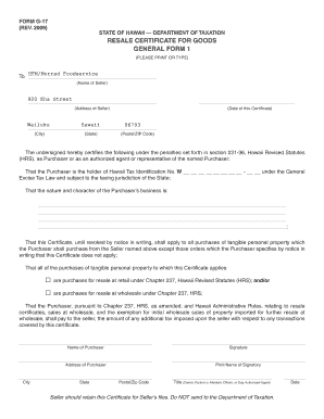 Hawaii Resale Certificate for Goods