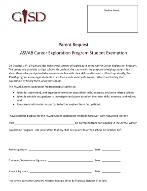ASVAB Career Exploration Program Student Exemption
