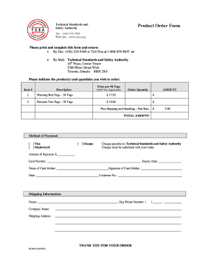 Technical Standards and Safety Authority Product Order Form
