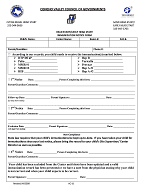 Head Start Immunization Notice Form
