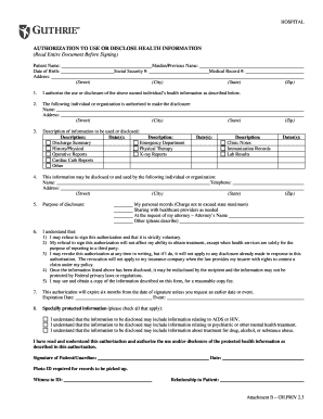 Hospital Authorization to Use or Disclose Health Information
