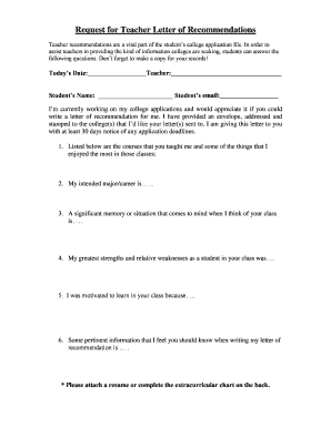 Request for Teacher Letter of Recommendation
