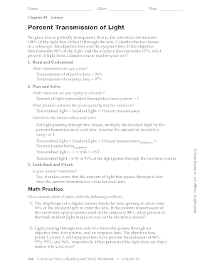 Lenses Percent Transmission Worksheet