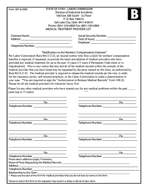 Utah Medical Treatment Provider List Form 307