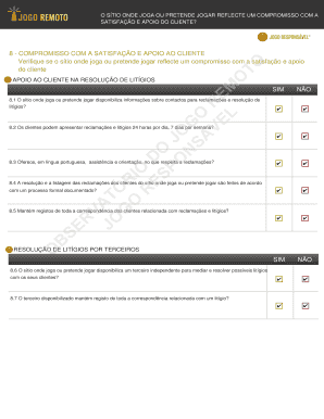 Formulário de Avaliação de Apoio ao Cliente de Sítio de Jogo