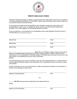 Villa Maria Academy Photo Release Form