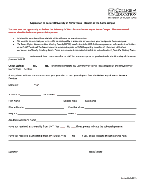 University of North Texas Home Campus Declaration Form