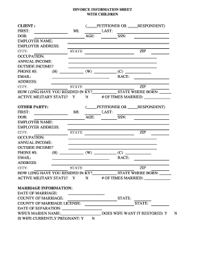 Kentucky Divorce Information Sheet With Children