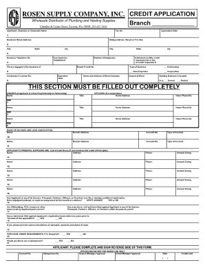 Rosen Supply Company Credit Application