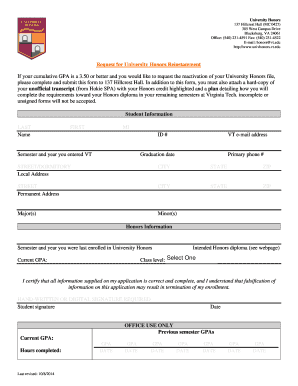 Fillable Online univhonors vt 137 Hillcrest Hall (MC 0427) Fax Email ...