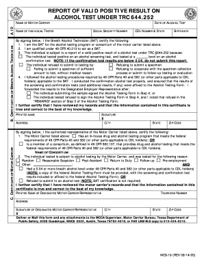 Report of Positive Alcohol Test Under TRC 644.252